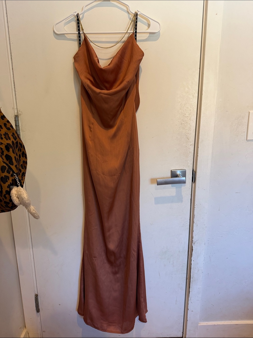 Missguided Satin Cowl Maxi Dress in Rust Brown with Chain Straps